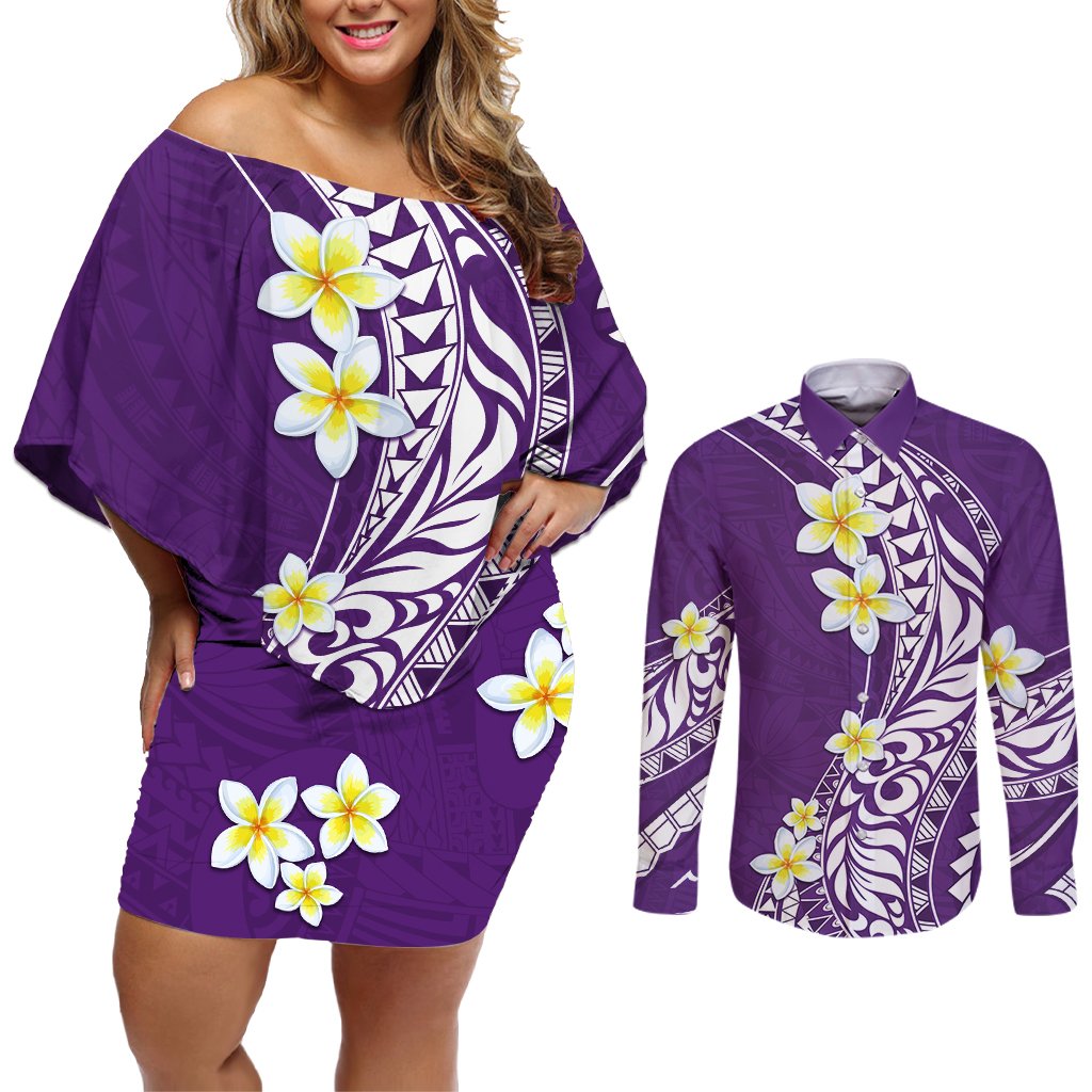 Hawaii Aloha Couples Matching Off Shoulder Short Dress and Long Sleeve Button Shirt Plumeria Vintage - Violet LT7 Violet - Polynesian Pride