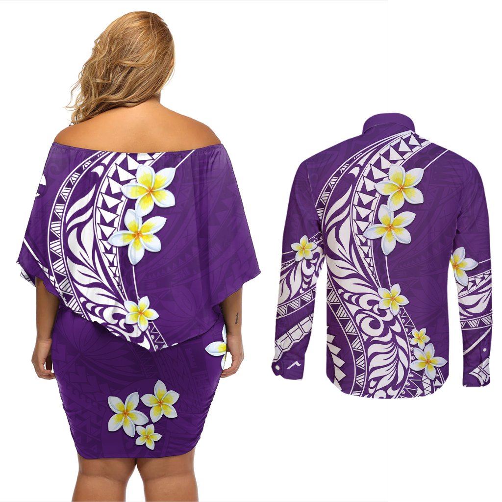 Hawaii Aloha Couples Matching Off Shoulder Short Dress and Long Sleeve Button Shirt Plumeria Vintage - Violet LT7 - Polynesian Pride