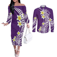 Hawaii Aloha Couples Matching Off The Shoulder Long Sleeve Dress and Long Sleeve Button Shirt Plumeria Vintage - Violet LT7 Violet - Polynesian Pride