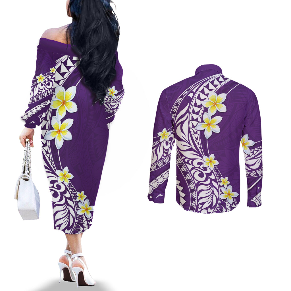 Hawaii Aloha Couples Matching Off The Shoulder Long Sleeve Dress and Long Sleeve Button Shirt Plumeria Vintage - Violet LT7 - Polynesian Pride