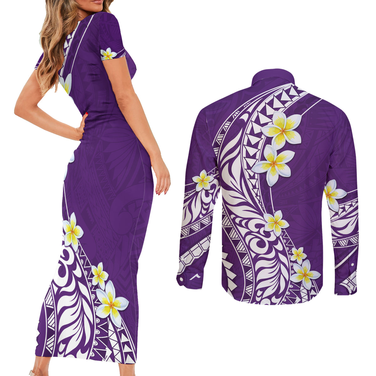 Hawaii Aloha Couples Matching Short Sleeve Bodycon Dress and Long Sleeve Button Shirt Plumeria Vintage - Violet LT7 - Polynesian Pride