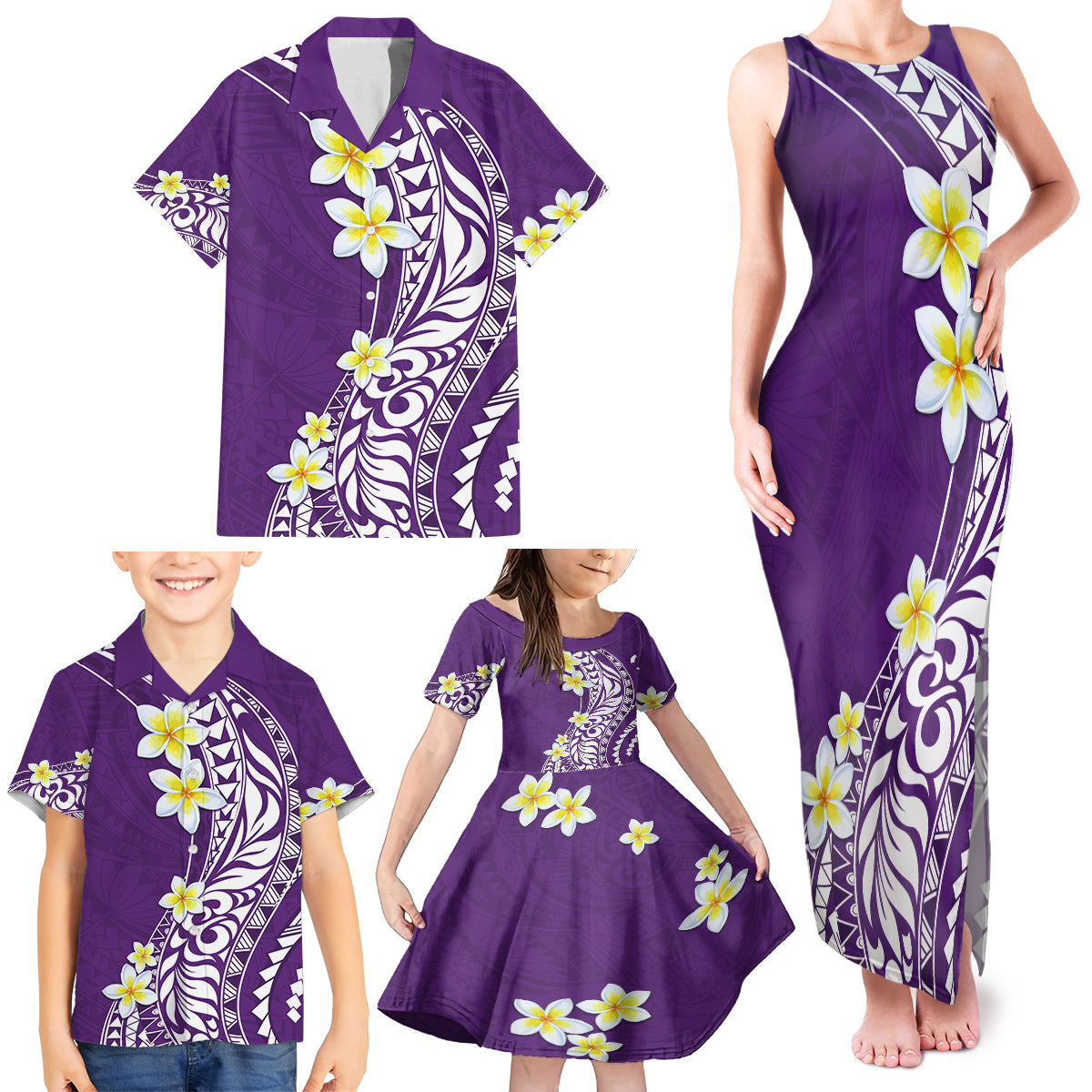 Hawaii Aloha Family Matching Tank Maxi Dress and Hawaiian Shirt Plumeria Vintage - Violet LT7 - Polynesian Pride