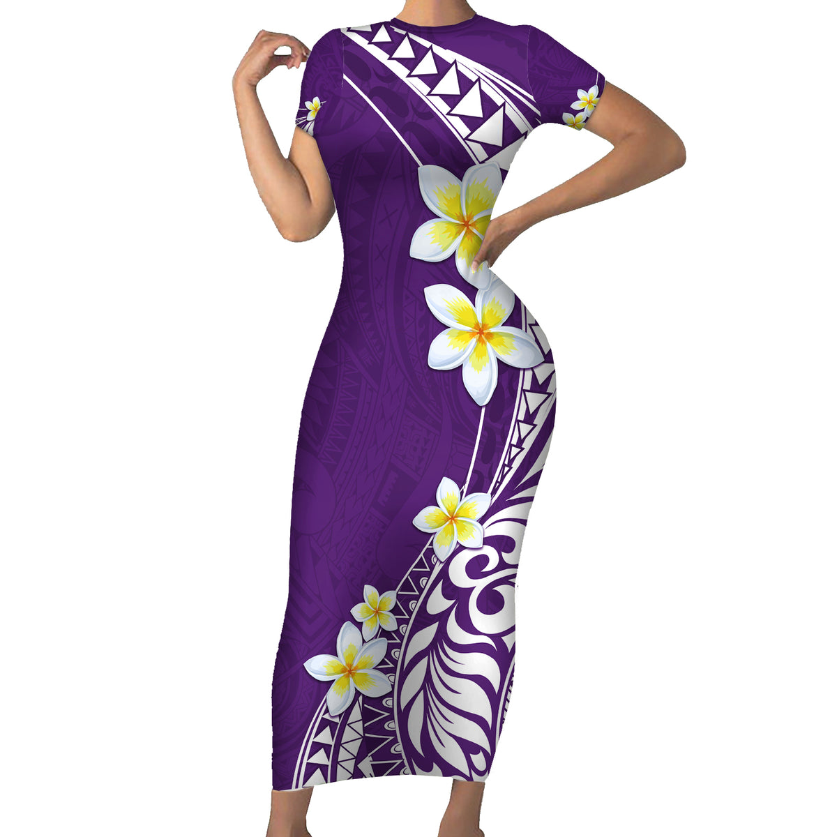 Hawaii Aloha Short Sleeve Bodycon Dress Plumeria Vintage - Violet LT7 Long Dress Violet - Polynesian Pride