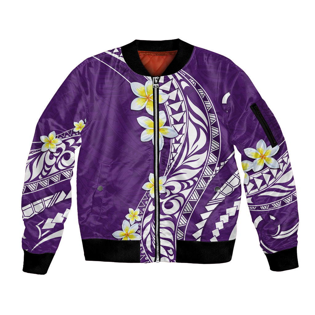 Hawaii Aloha Sleeve Zip Bomber Jacket Plumeria Vintage - Violet LT7 Unisex Violet - Polynesian Pride