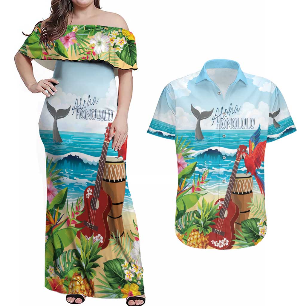 Aloha Honolulu Festival Couples Matching Off Shoulder Maxi Dress and Hawaiian Shirt Ukulele By The Shore