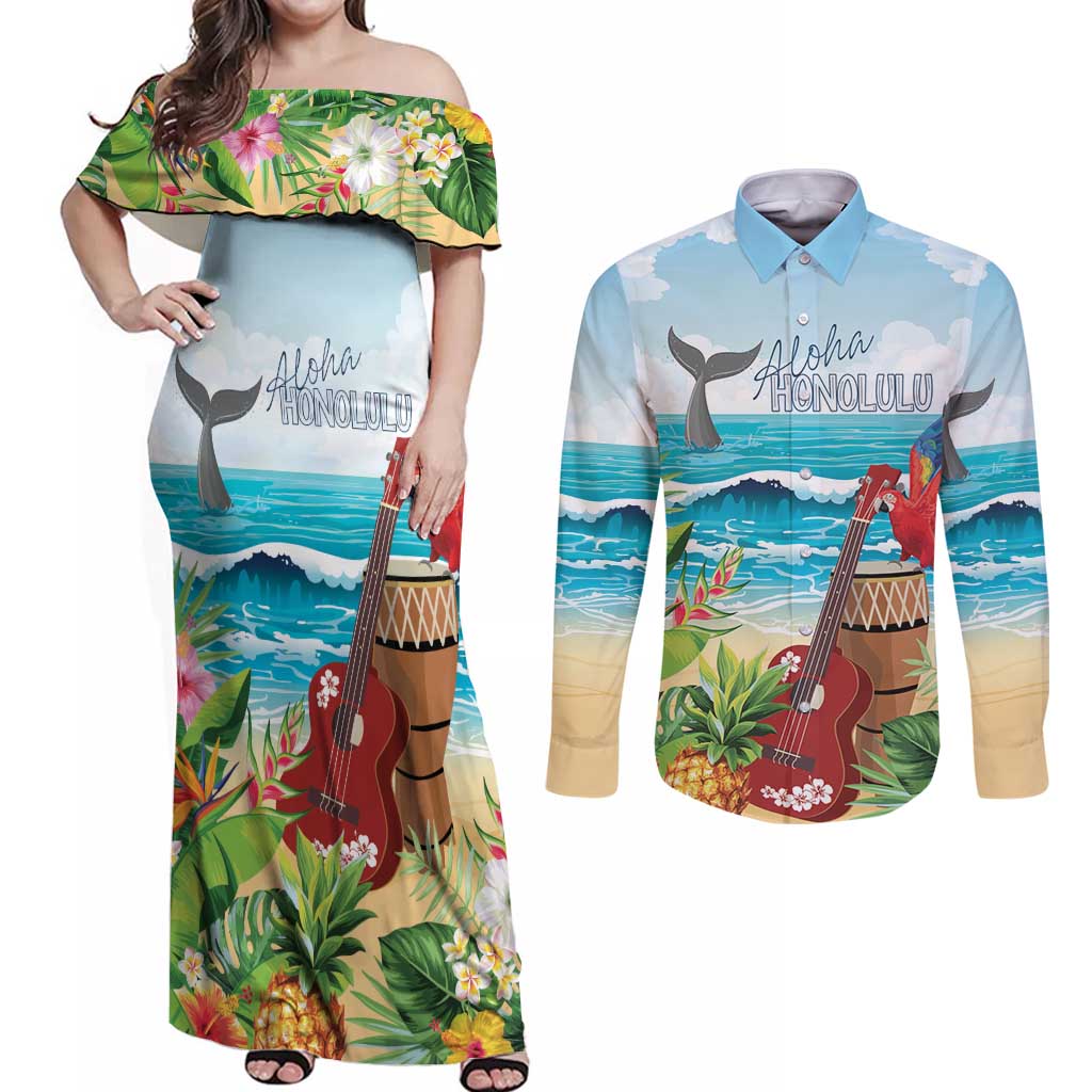 Aloha Honolulu Festival Couples Matching Off Shoulder Maxi Dress and Long Sleeve Button Shirt Ukulele By The Shore