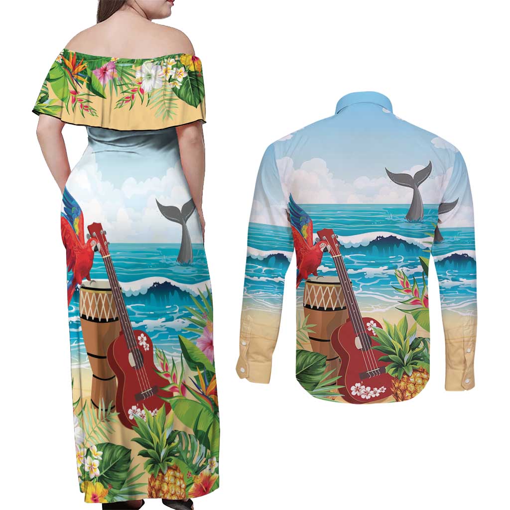 Aloha Honolulu Festival Couples Matching Off Shoulder Maxi Dress and Long Sleeve Button Shirt Ukulele By The Shore