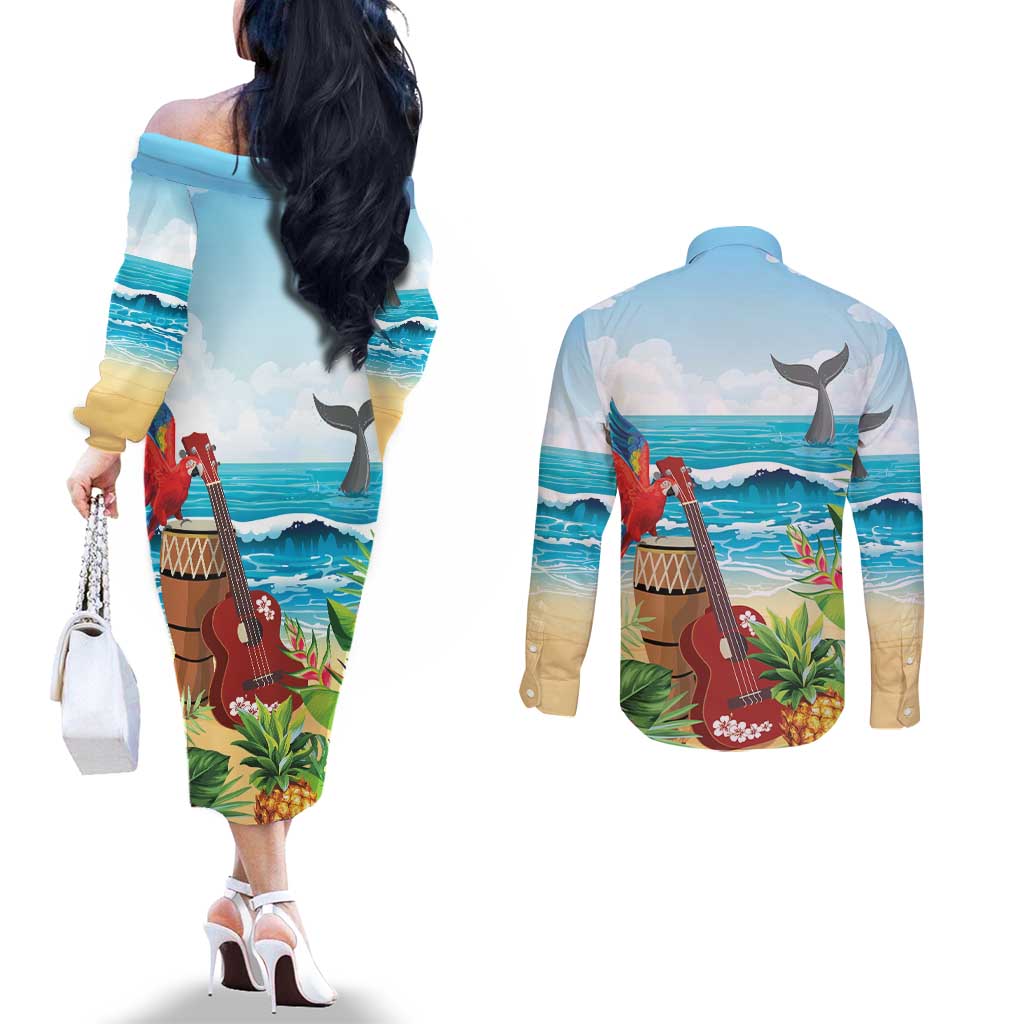 Aloha Honolulu Festival Couples Matching Off The Shoulder Long Sleeve Dress and Long Sleeve Button Shirt Ukulele By The Shore
