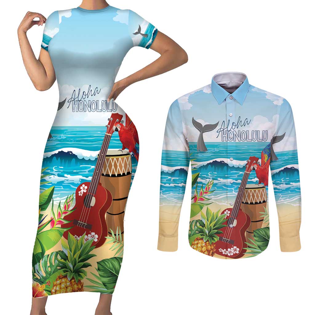 Aloha Honolulu Festival Couples Matching Short Sleeve Bodycon Dress and Long Sleeve Button Shirt Ukulele By The Shore