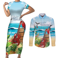 Aloha Honolulu Festival Couples Matching Short Sleeve Bodycon Dress and Long Sleeve Button Shirt Ukulele By The Shore