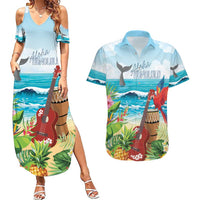 Aloha Honolulu Festival Couples Matching Summer Maxi Dress and Hawaiian Shirt Ukulele By The Shore