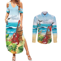 Aloha Honolulu Festival Couples Matching Summer Maxi Dress and Long Sleeve Button Shirt Ukulele By The Shore LT7 Art - Polynesian Pride