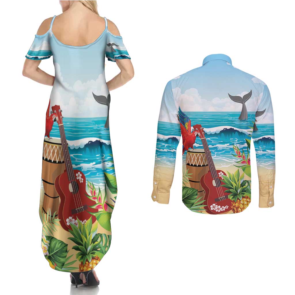 Aloha Honolulu Festival Couples Matching Summer Maxi Dress and Long Sleeve Button Shirt Ukulele By The Shore LT7 - Polynesian Pride