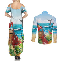 Aloha Honolulu Festival Couples Matching Summer Maxi Dress and Long Sleeve Button Shirt Ukulele By The Shore LT7 - Polynesian Pride