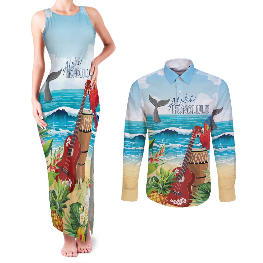 Aloha Honolulu Festival Couples Matching Tank Maxi Dress and Long Sleeve Button Shirt Ukulele By The Shore