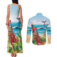 Aloha Honolulu Festival Couples Matching Tank Maxi Dress and Long Sleeve Button Shirt Ukulele By The Shore