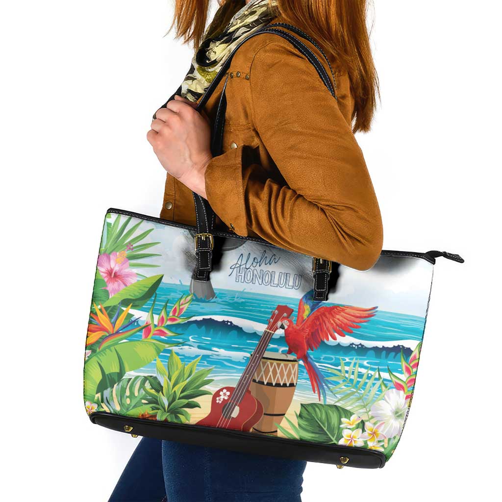 Aloha Honolulu Festival Leather Tote Bag Ukulele By The Shore