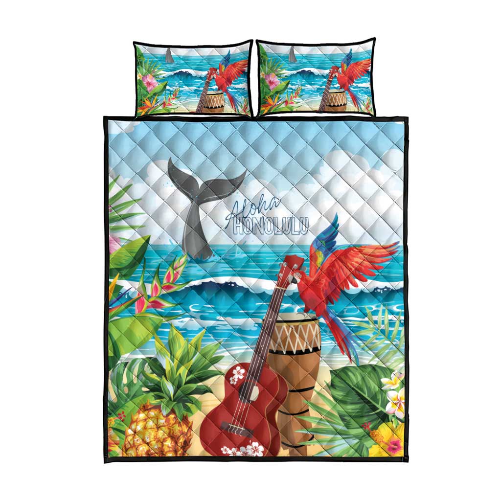 Aloha Honolulu Festival Quilt Bed Set Ukulele By The Shore