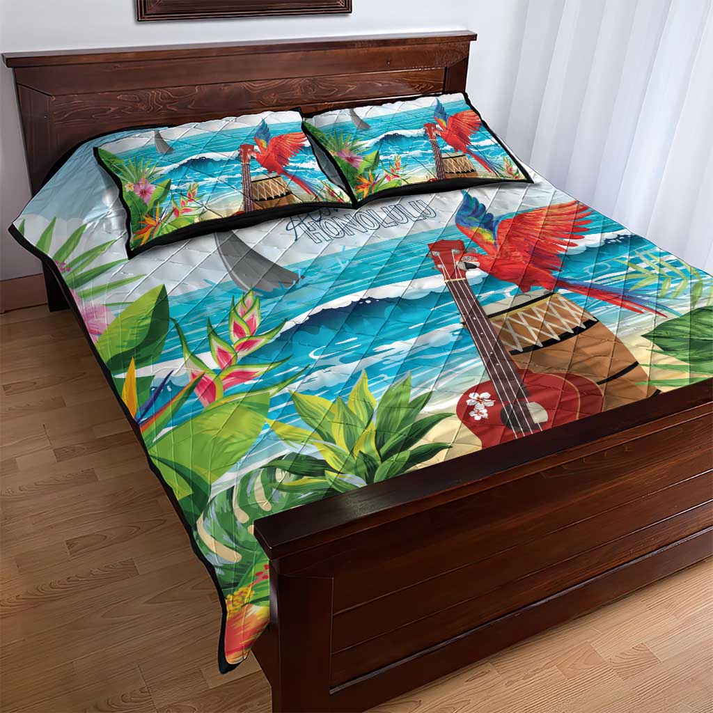 Aloha Honolulu Festival Quilt Bed Set Ukulele By The Shore