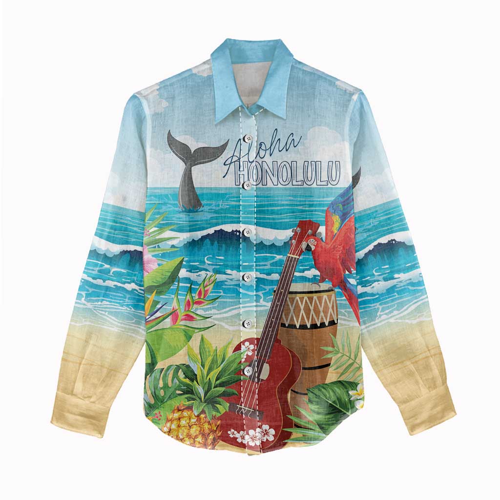 Aloha Honolulu Festival Women Casual Shirt Ukulele By The Shore