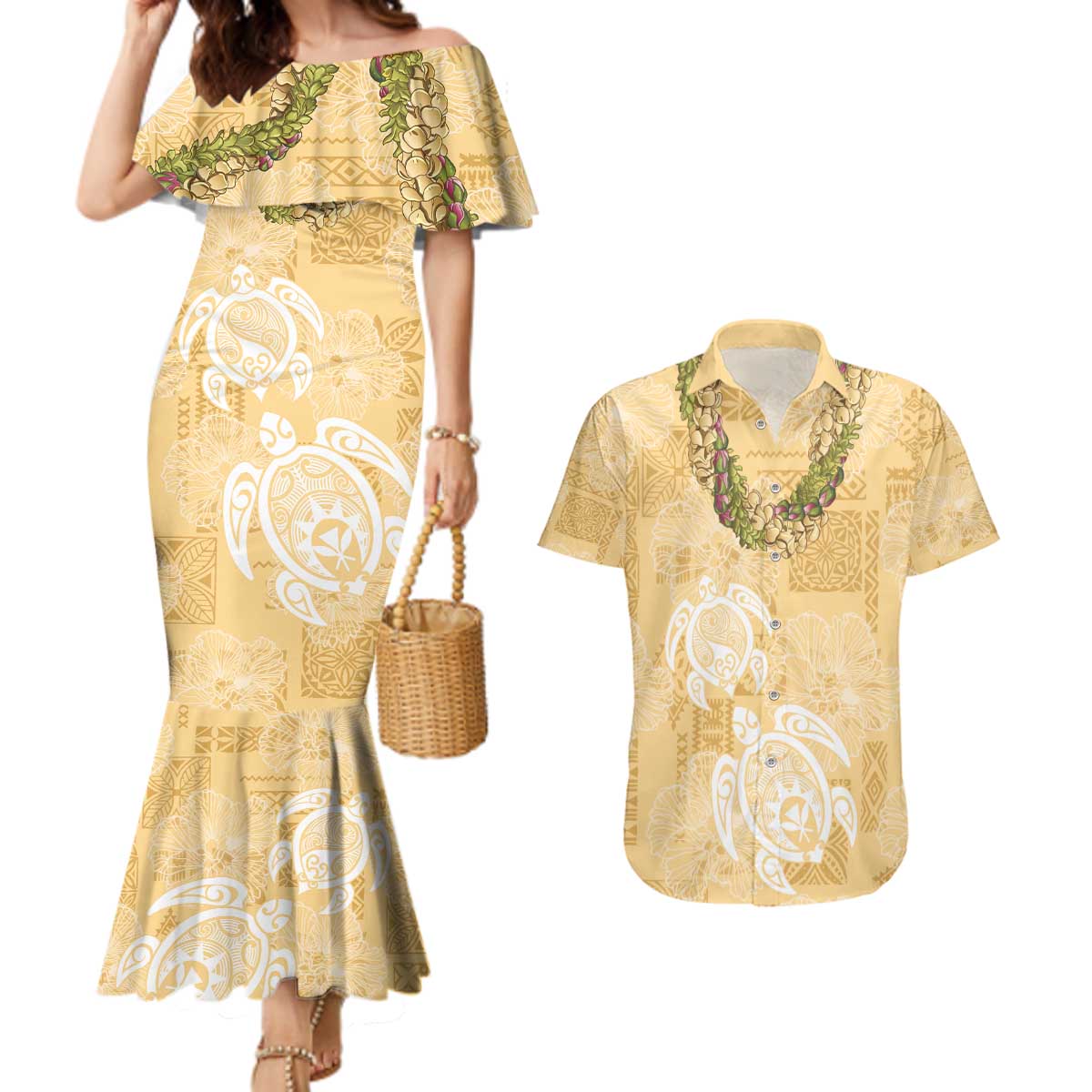 Aloha Honolulu Festival Couples Matching Mermaid Dress and Hawaiian Shirt Hawaii Kapa Mix Flowers Lei