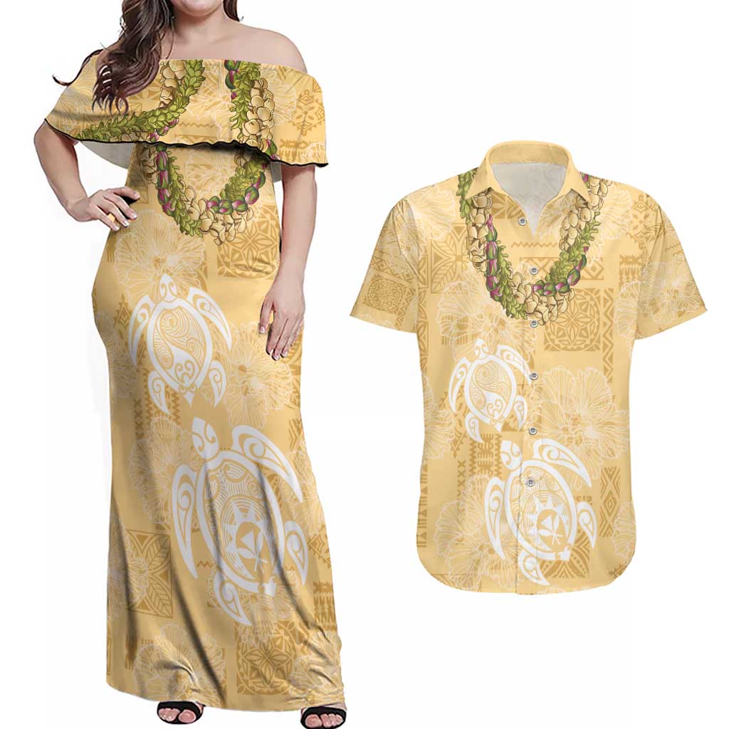 Aloha Honolulu Festival Couples Matching Off Shoulder Maxi Dress and Hawaiian Shirt Hawaii Kapa Mix Flowers Lei