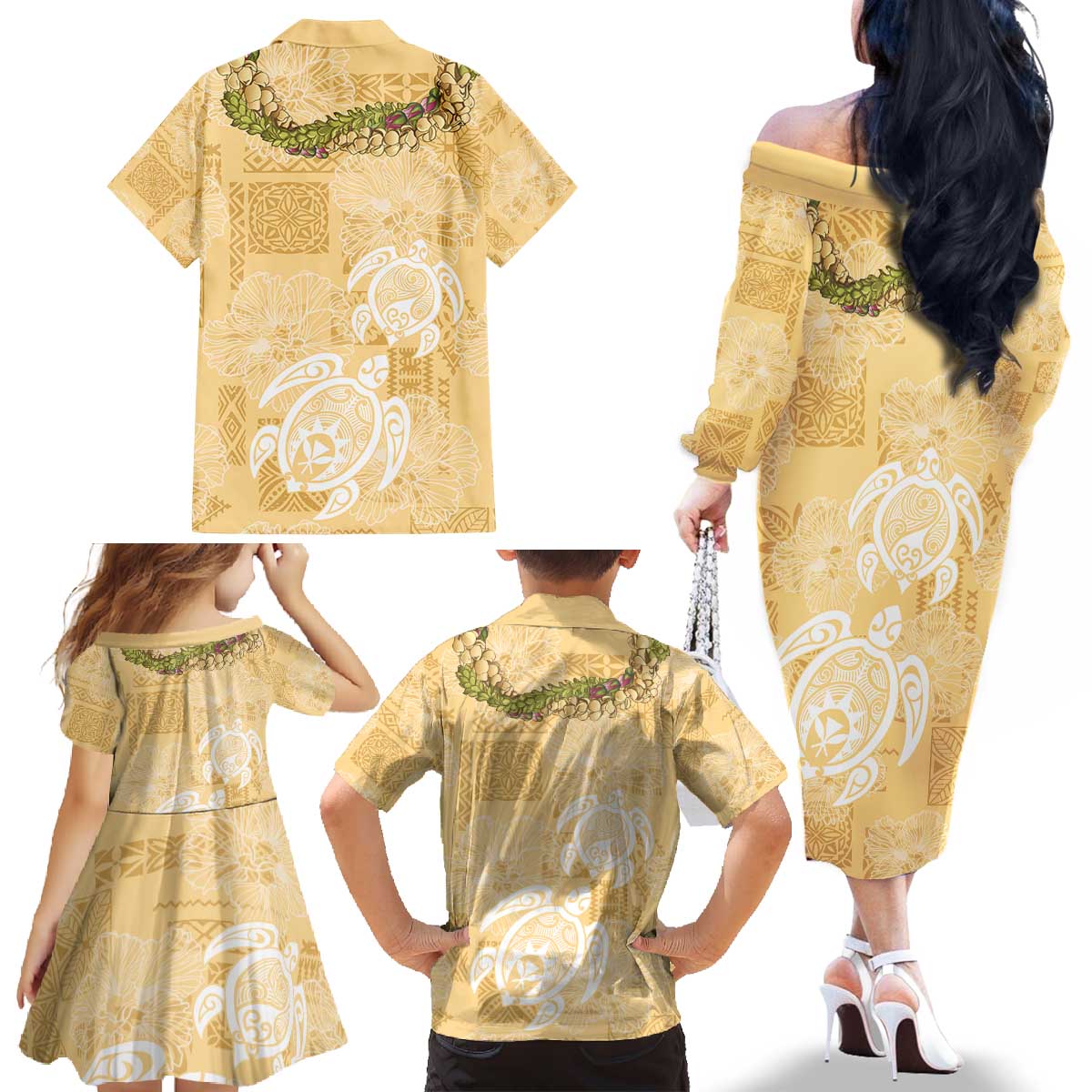 Aloha Honolulu Festival Family Matching Off The Shoulder Long Sleeve Dress and Hawaiian Shirt Hawaii Kapa Mix Flowers Lei