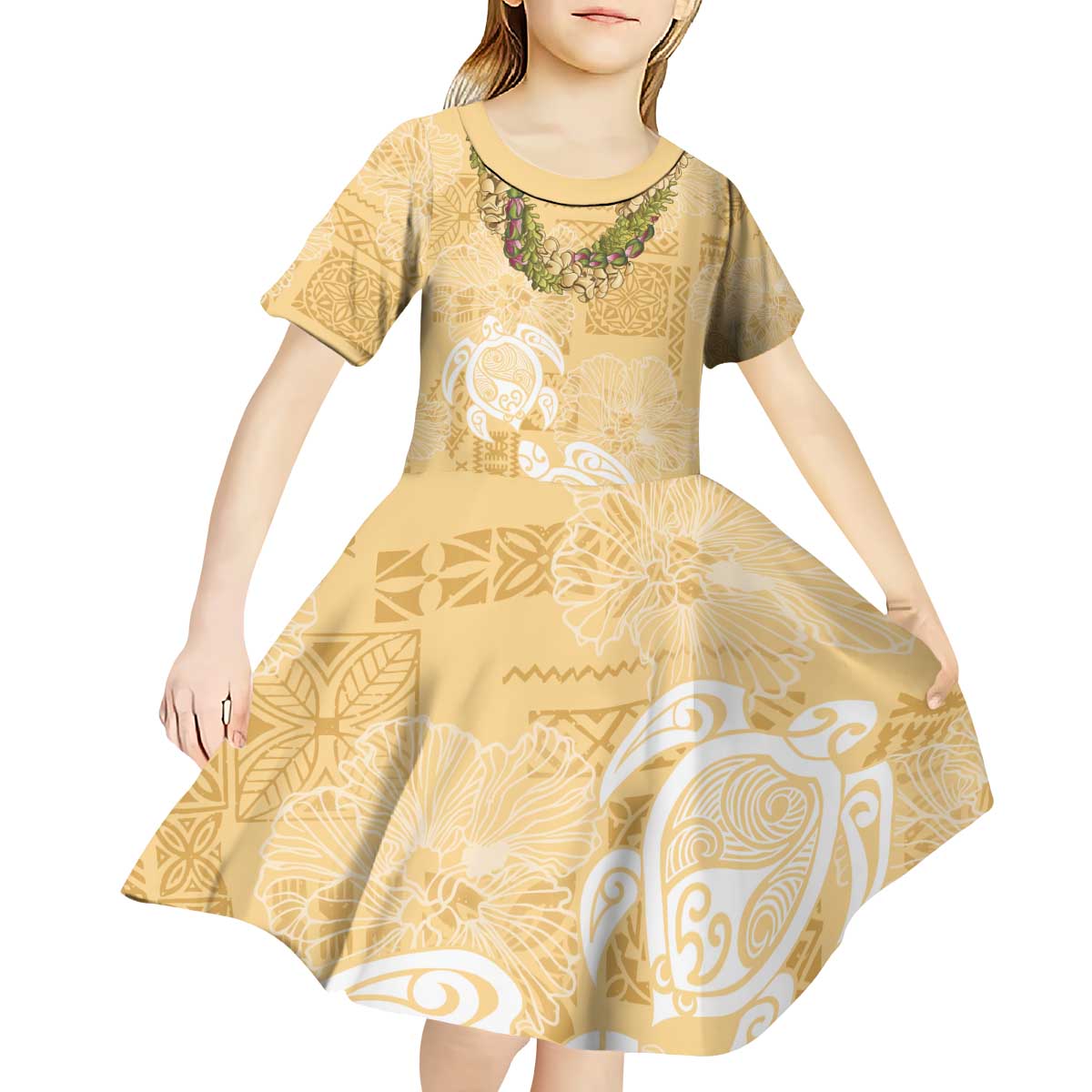 Aloha Honolulu Festival Kid Short Sleeve Dress Hawaii Kapa Mix Flowers Lei