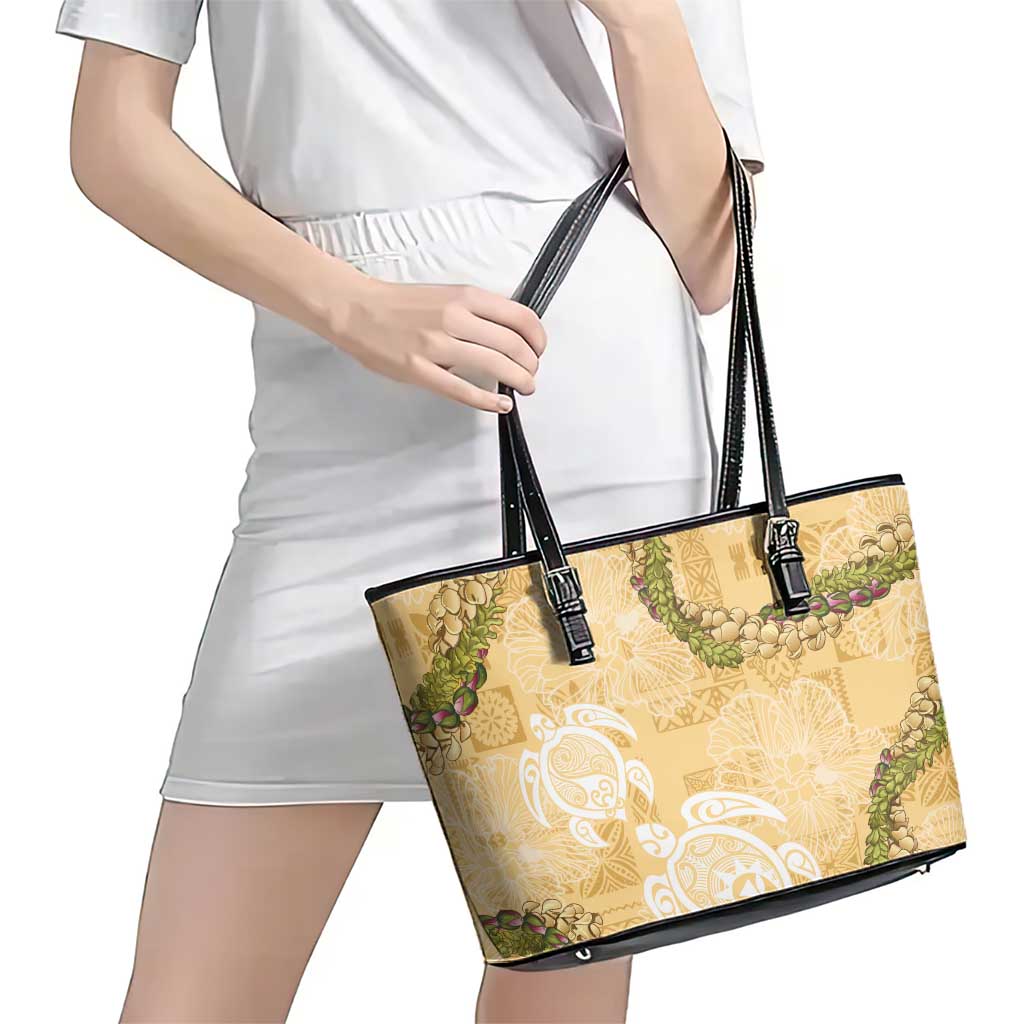 Aloha Honolulu Festival Leather Tote Bag Hawaii Kapa Mix Flowers Lei