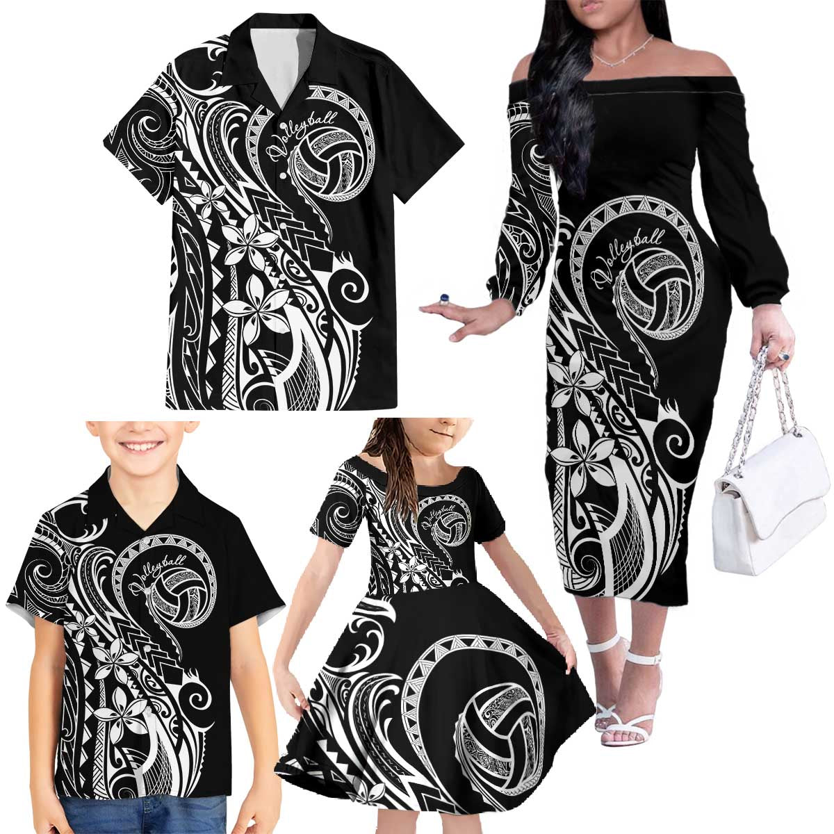 Polynesia Beach Volleyball Personalized Family Matching Off The Shoulder Long Sleeve Dress and Hawaiian Shirt Basic