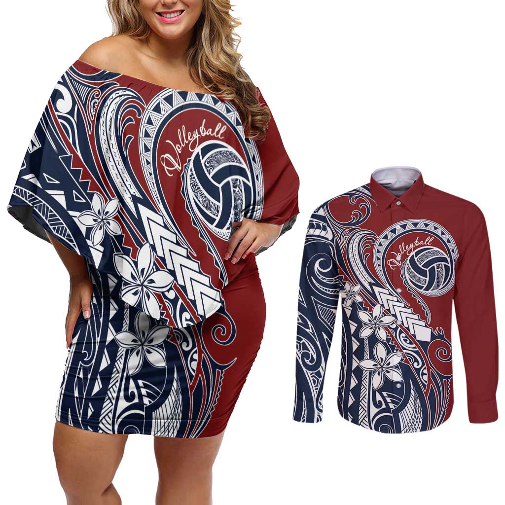 Polynesia Beach Volleyball Personalized Couples Matching Off Shoulder Short Dress and Long Sleeve Button Shirt Special