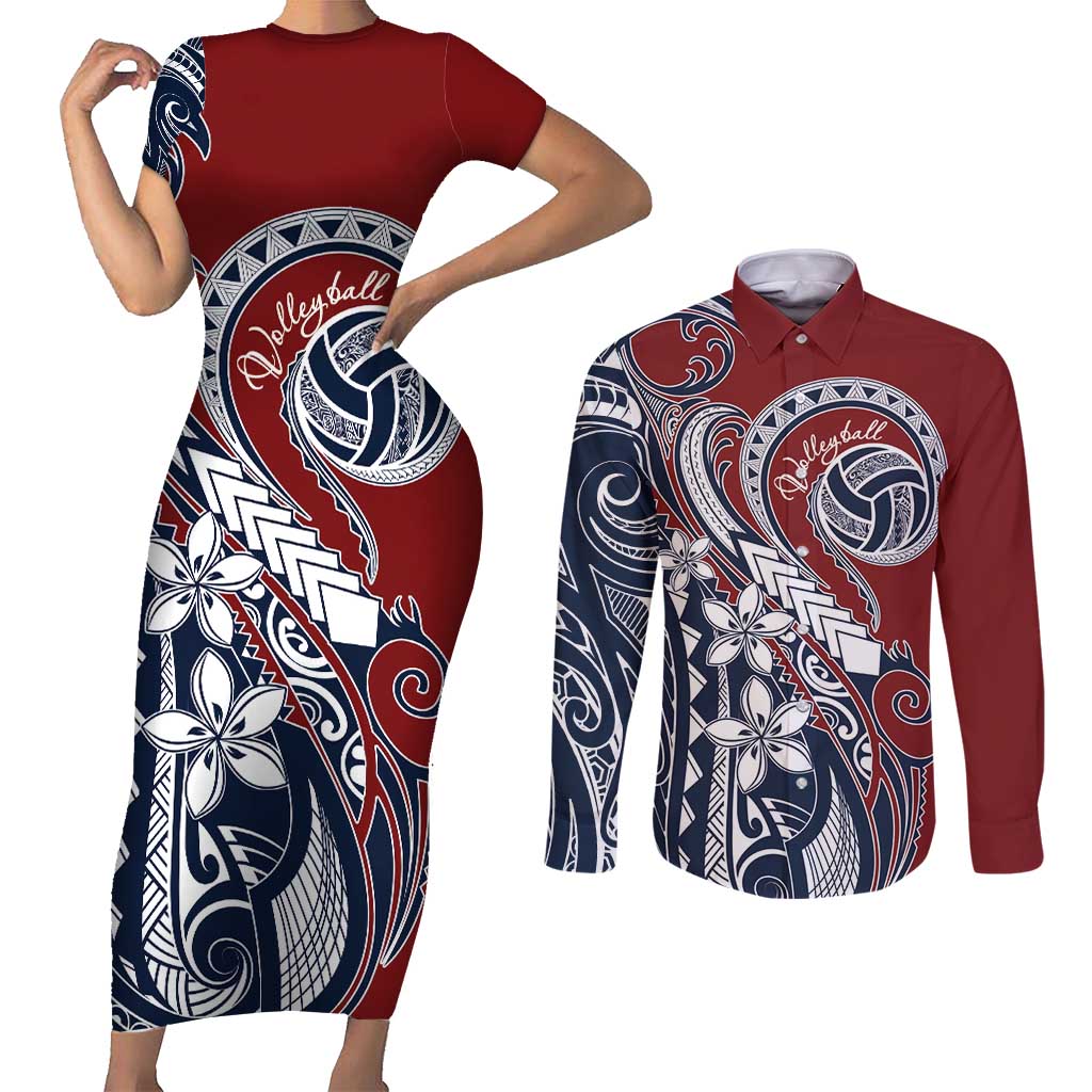 Polynesia Beach Volleyball Personalized Couples Matching Short Sleeve Bodycon Dress and Long Sleeve Button Shirt Special