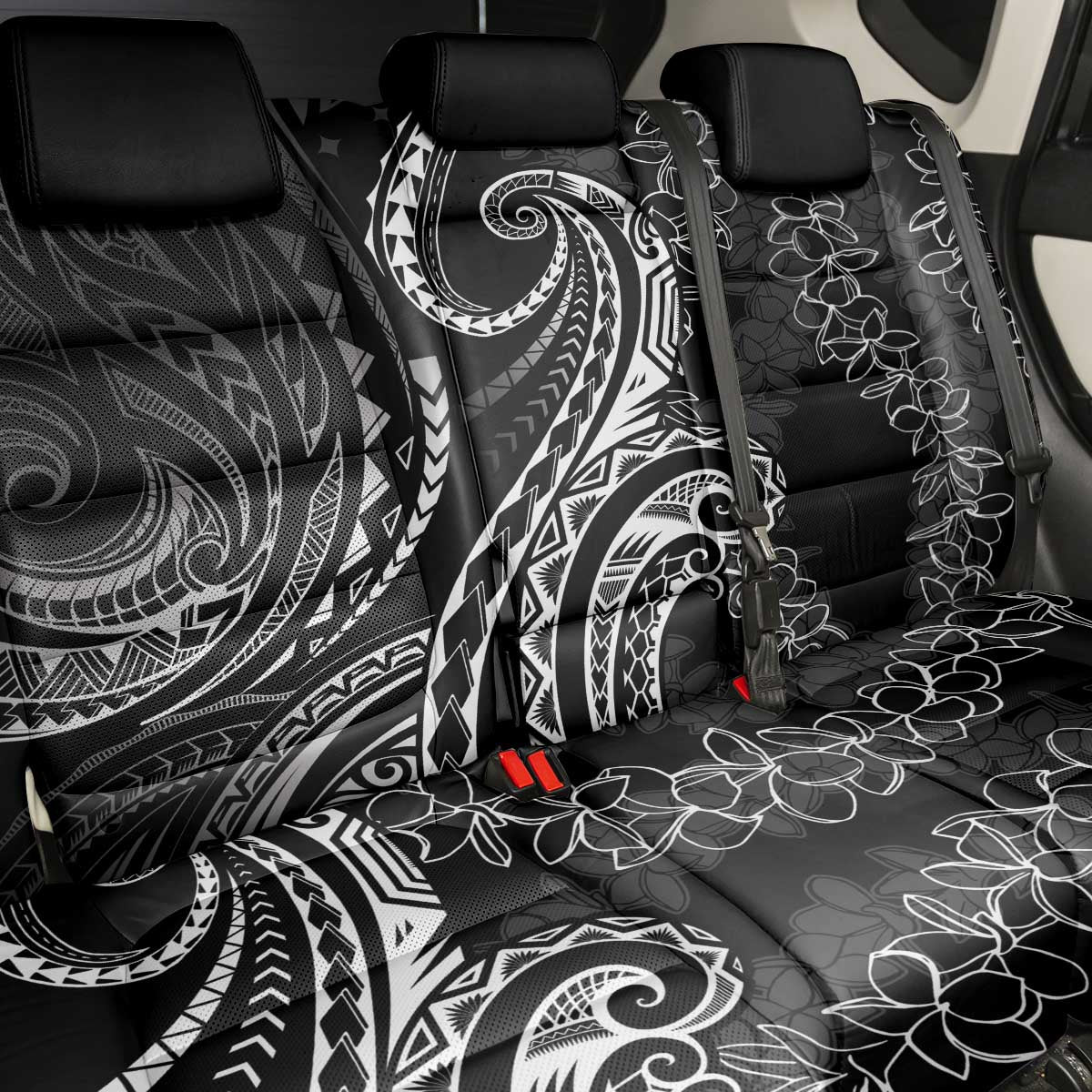 Polynesia Plumeria Lei Back Car Seat Cover Black Curves Motif