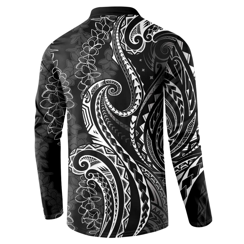 Polynesia Plumeria Lei Button Sweatshirt Black Curves Motif