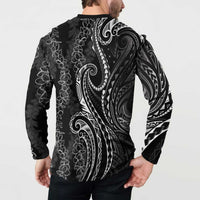 Polynesia Plumeria Lei Button Sweatshirt Black Curves Motif