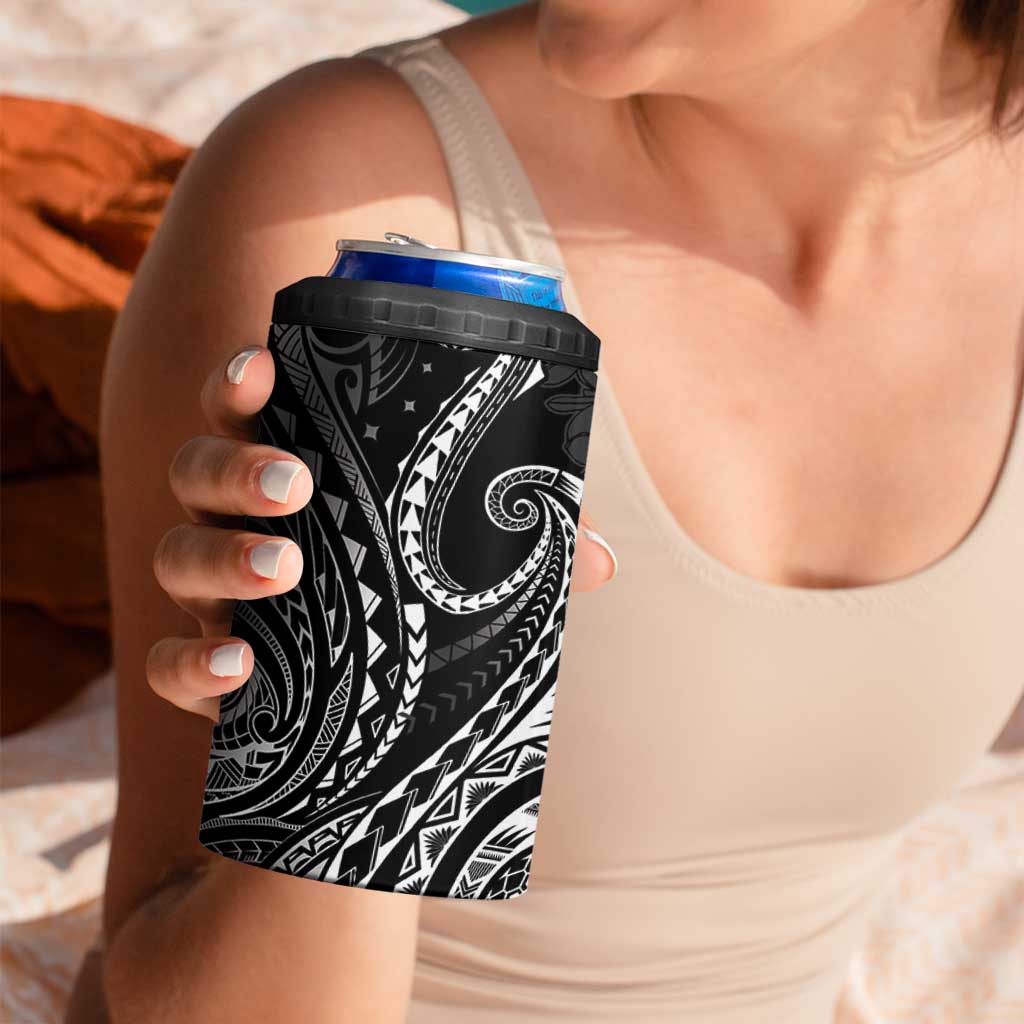 Polynesia Plumeria Lei 4 in 1 Can Cooler Tumbler Black Curves Motif