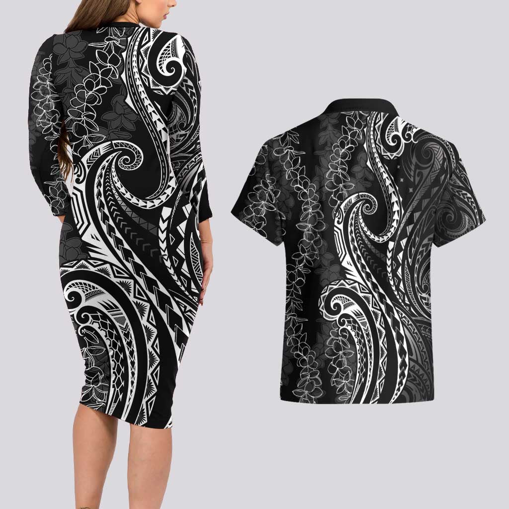 Polynesia Plumeria Lei Couples Matching Long Sleeve Bodycon Dress and Hawaiian Shirt Black Curves Motif