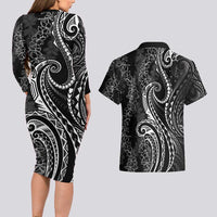 Polynesia Plumeria Lei Couples Matching Long Sleeve Bodycon Dress and Hawaiian Shirt Black Curves Motif