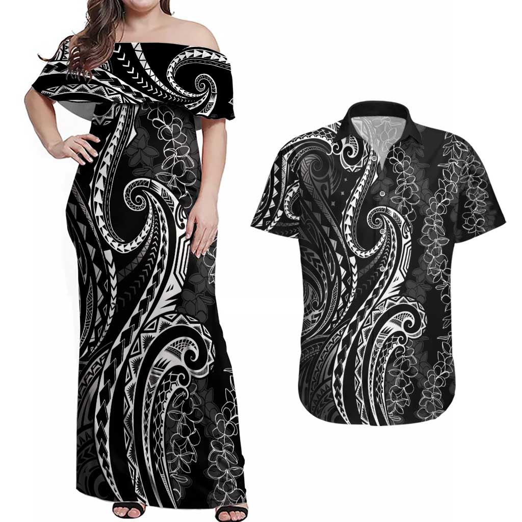 Polynesia Plumeria Lei Couples Matching Off Shoulder Maxi Dress and Hawaiian Shirt Black Curves Motif
