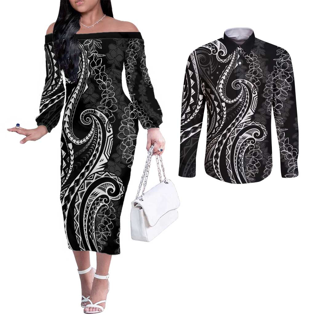 Polynesia Plumeria Lei Couples Matching Off The Shoulder Long Sleeve Dress and Long Sleeve Button Shirt Black Curves Motif