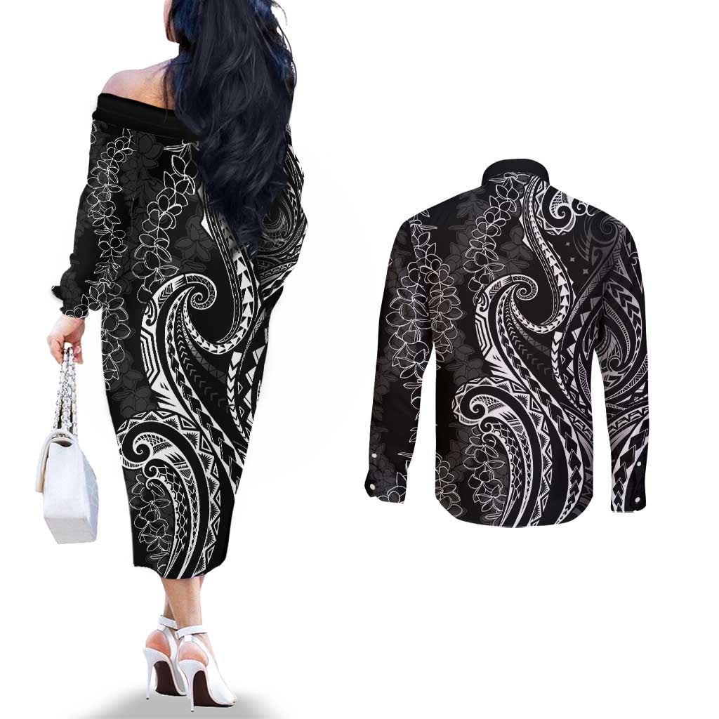 Polynesia Plumeria Lei Couples Matching Off The Shoulder Long Sleeve Dress and Long Sleeve Button Shirt Black Curves Motif LT7 - Polynesian Pride