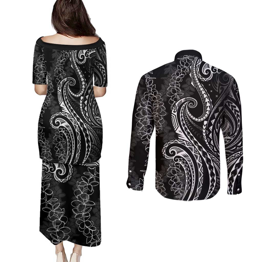 Polynesia Plumeria Lei Couples Matching Puletasi and Long Sleeve Button Shirt Black Curves Motif