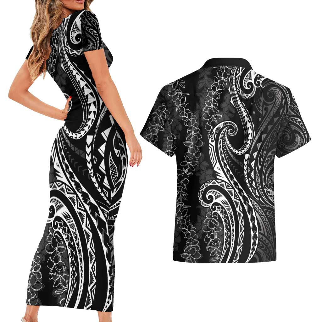 Polynesia Plumeria Lei Couples Matching Short Sleeve Bodycon Dress and Hawaiian Shirt Black Curves Motif