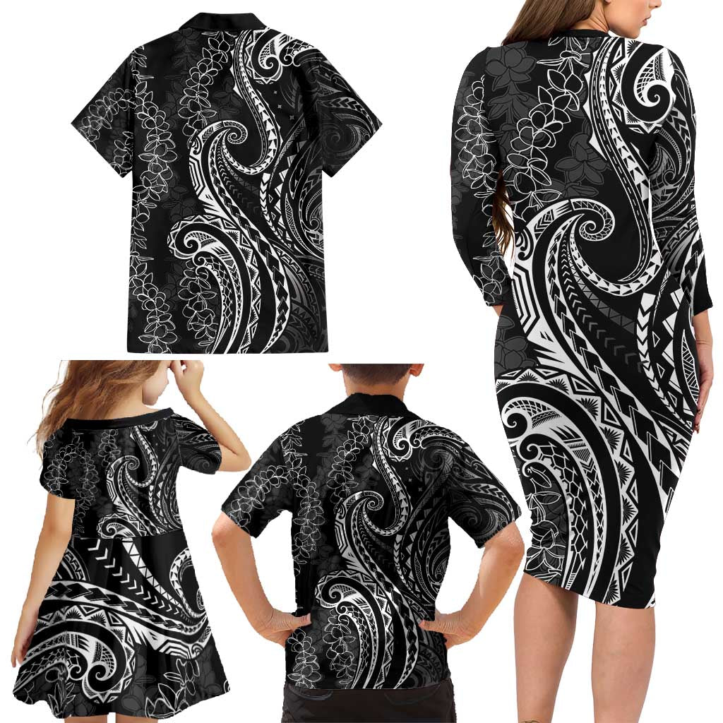 Polynesia Plumeria Lei Family Matching Long Sleeve Bodycon Dress and Hawaiian Shirt Black Curves Motif