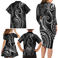 Polynesia Plumeria Lei Family Matching Long Sleeve Bodycon Dress and Hawaiian Shirt Black Curves Motif