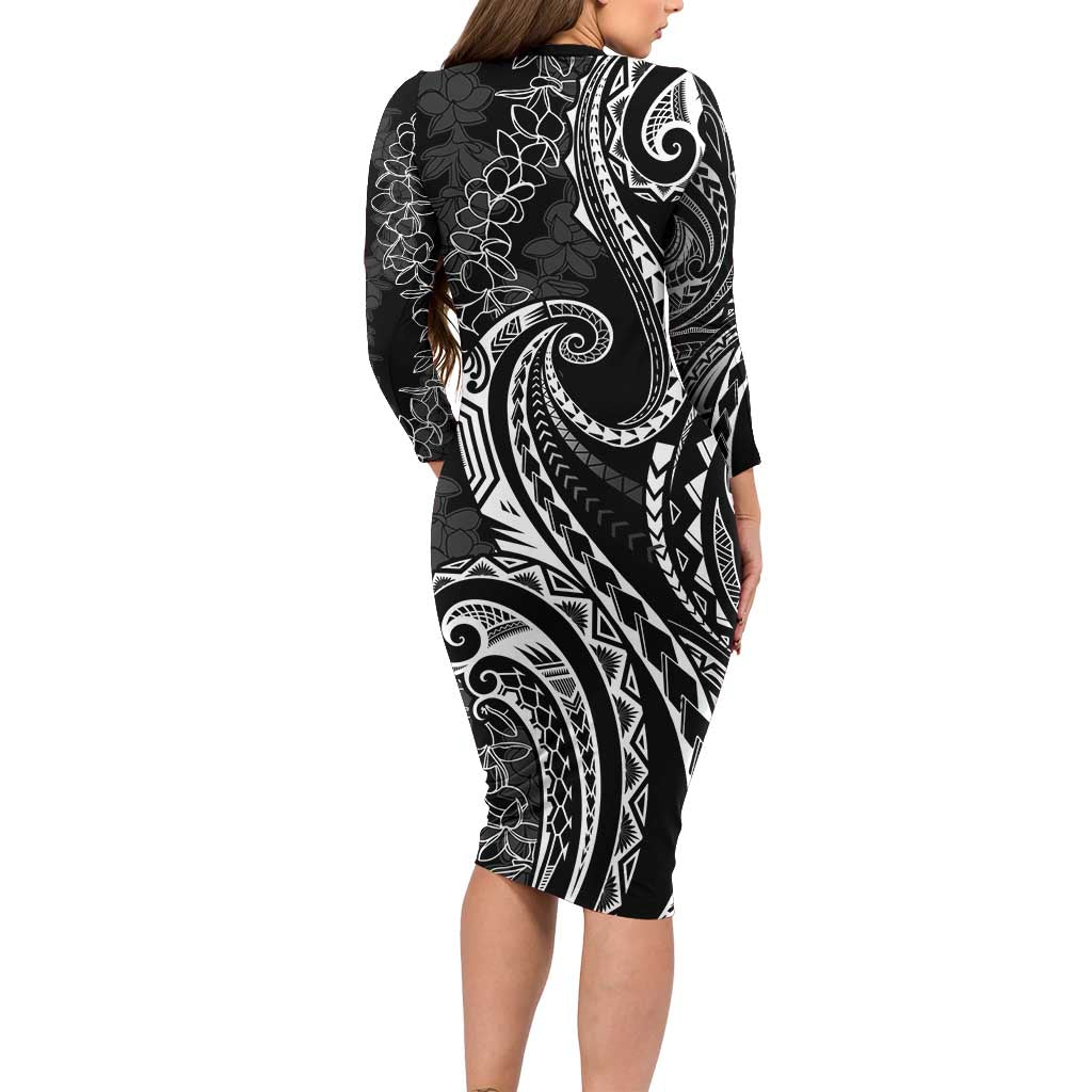 Polynesia Plumeria Lei Family Matching Long Sleeve Bodycon Dress and Hawaiian Shirt Black Curves Motif