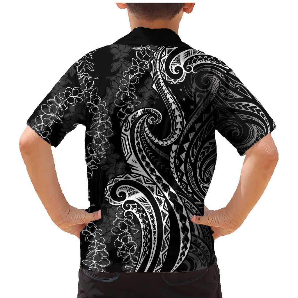 Polynesia Plumeria Lei Family Matching Mermaid Dress and Hawaiian Shirt Black Curves Motif