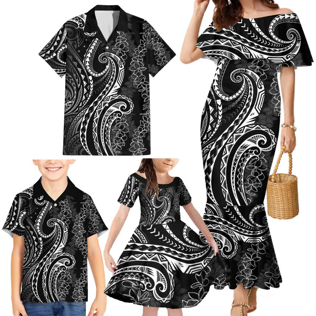 Polynesia Plumeria Lei Family Matching Mermaid Dress and Hawaiian Shirt Black Curves Motif