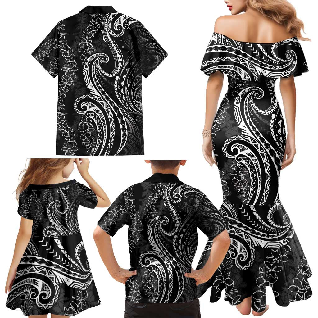 Polynesia Plumeria Lei Family Matching Mermaid Dress and Hawaiian Shirt Black Curves Motif