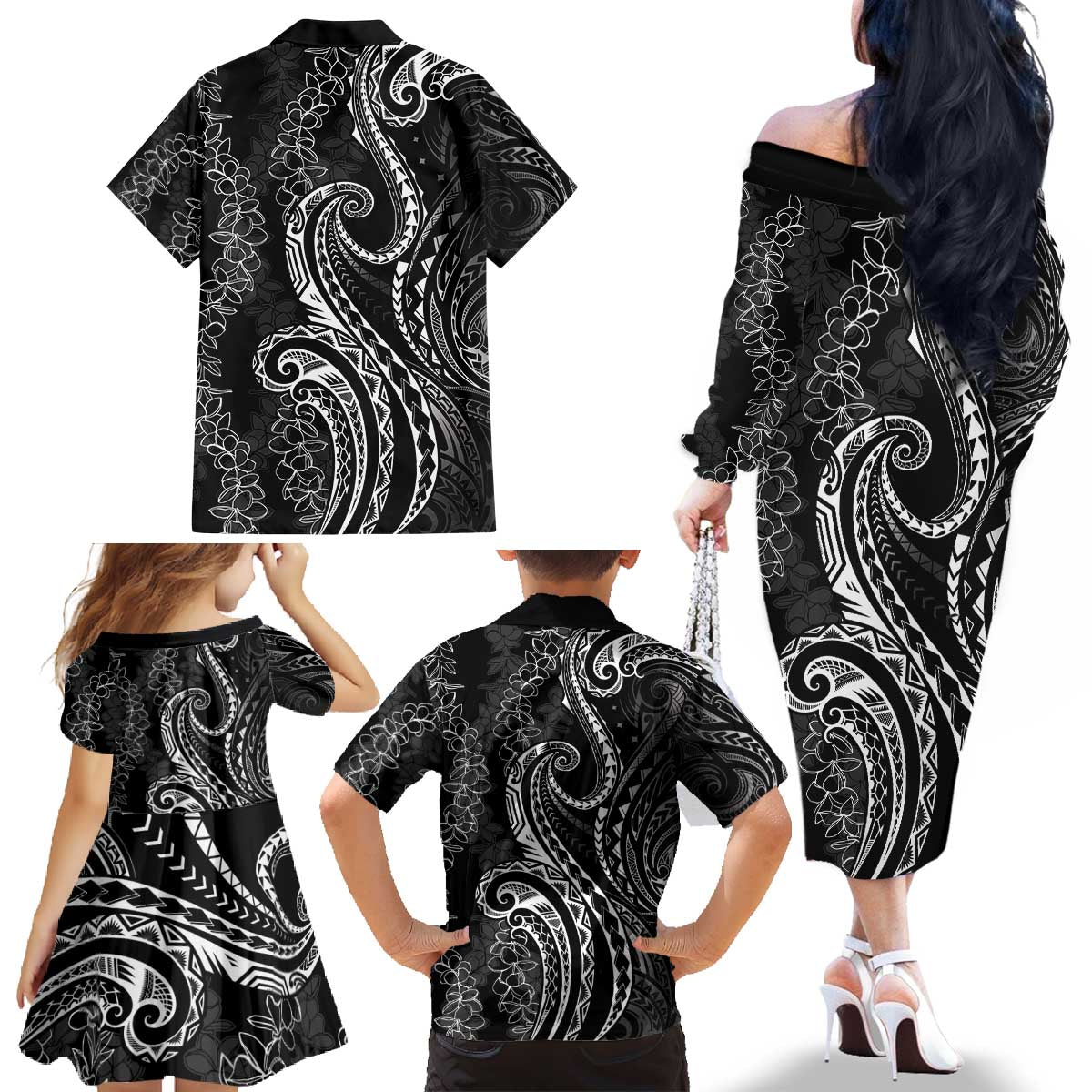 Polynesia Plumeria Lei Family Matching Off The Shoulder Long Sleeve Dress and Hawaiian Shirt Black Curves Motif